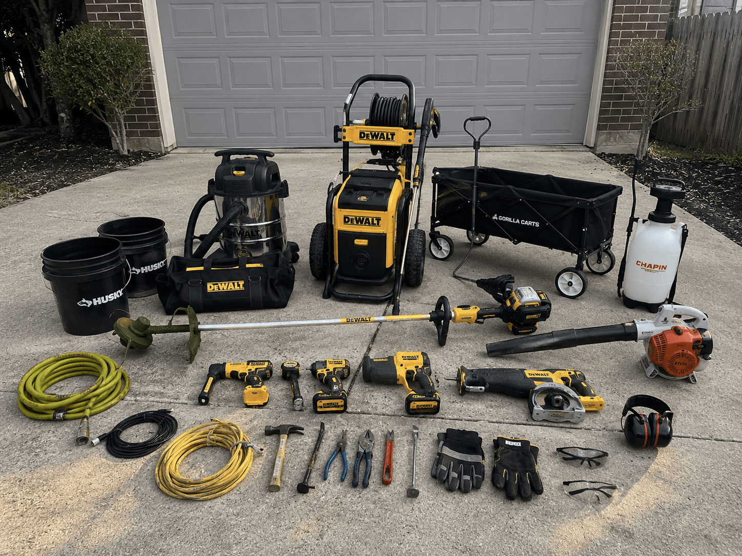 Professional pressure washers, shop vac, cordless tools, and hauling equipment owned by DFW Student Crew — used for garage cleanouts and pressure washing across DFW